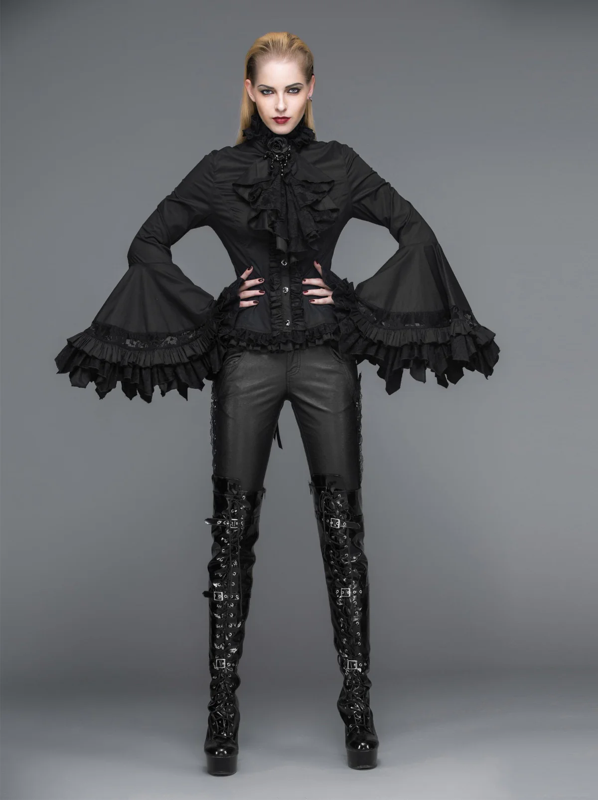 Belladonna Rhapsody - Victorian Jabot Blouse in Black - Image 4