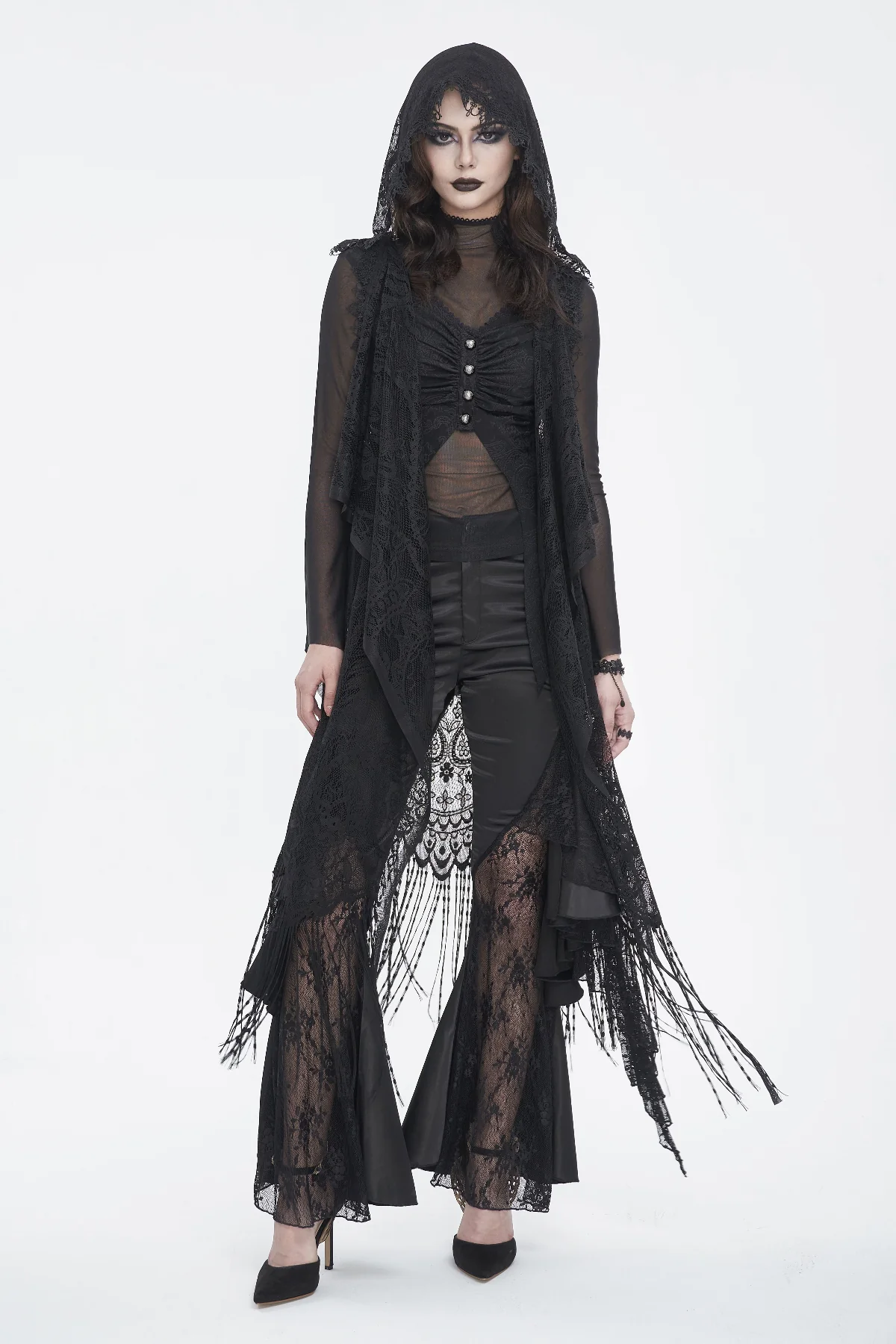 Black Lace Hooded Fringe Cardigan
