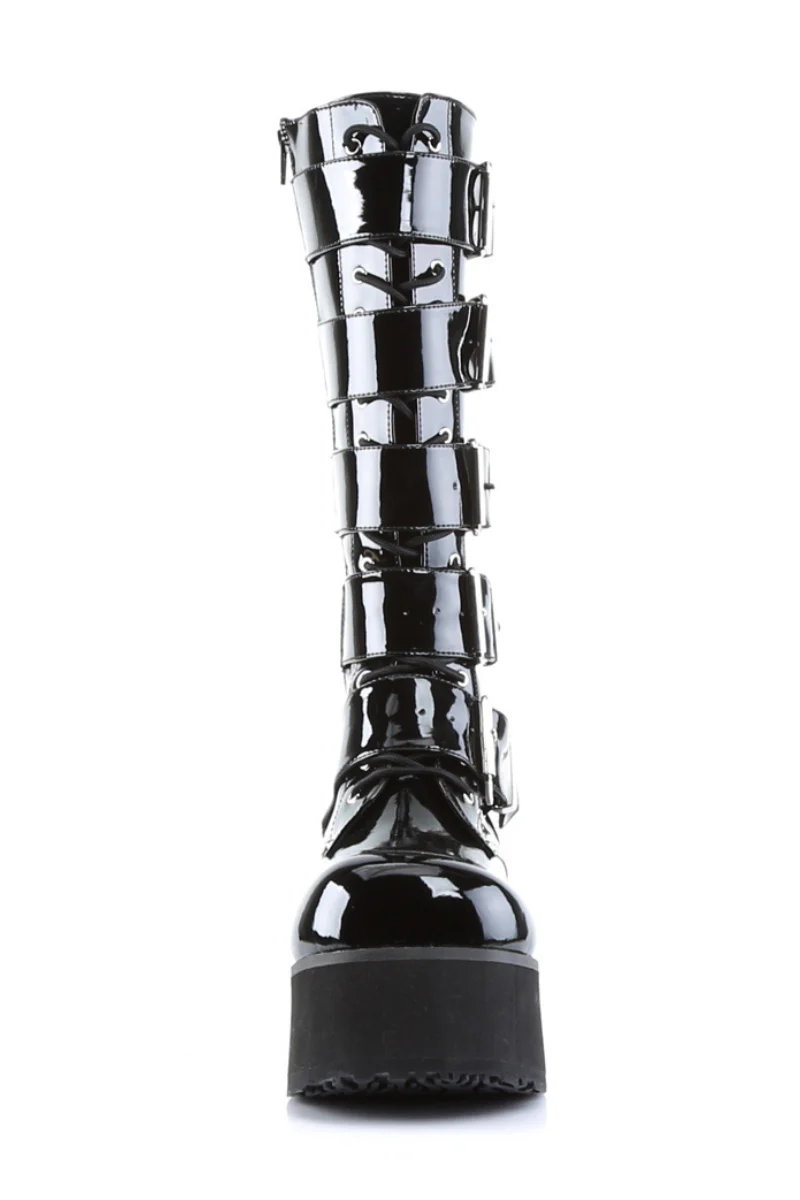 Trashville-218 - Black Patent Buckle Platform Boots - Unisex - Image 3