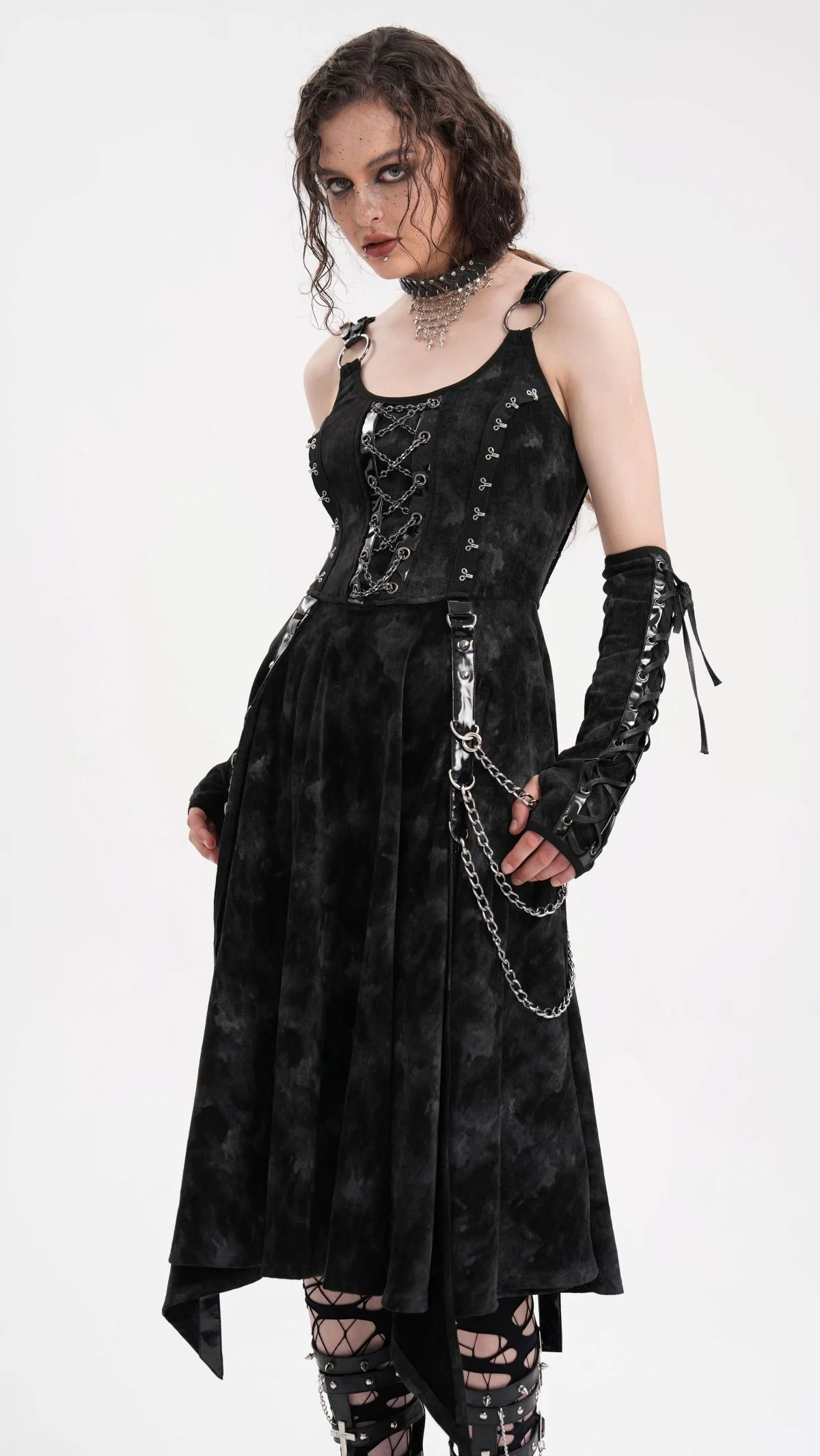 Dark Punk Chain Dress with Arm Warmers - Image 2