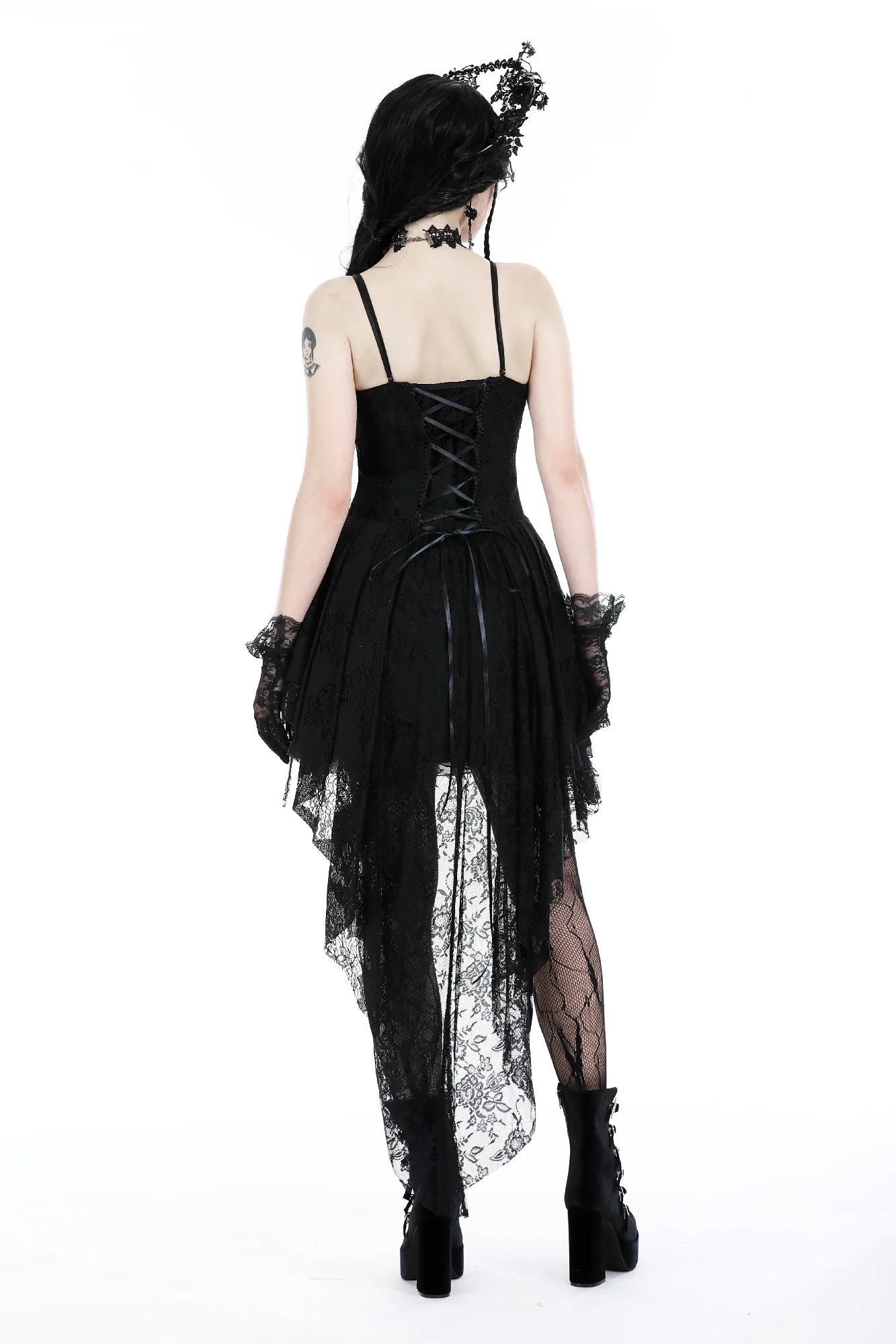 Black Rose Bloom Lace Dove-Tail Gothic Dress - Image 5