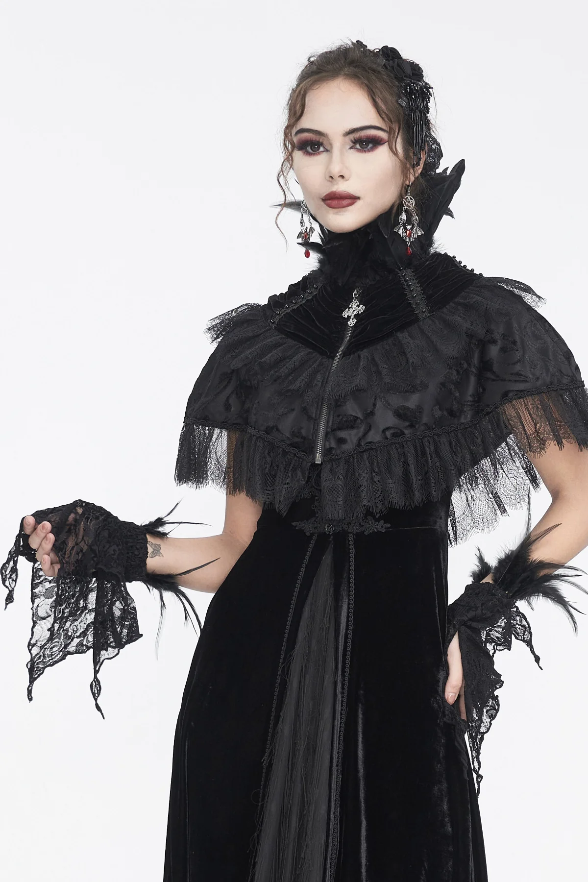 Nyx - Feather Lace Gothic Wrist Cuffs - Image 2
