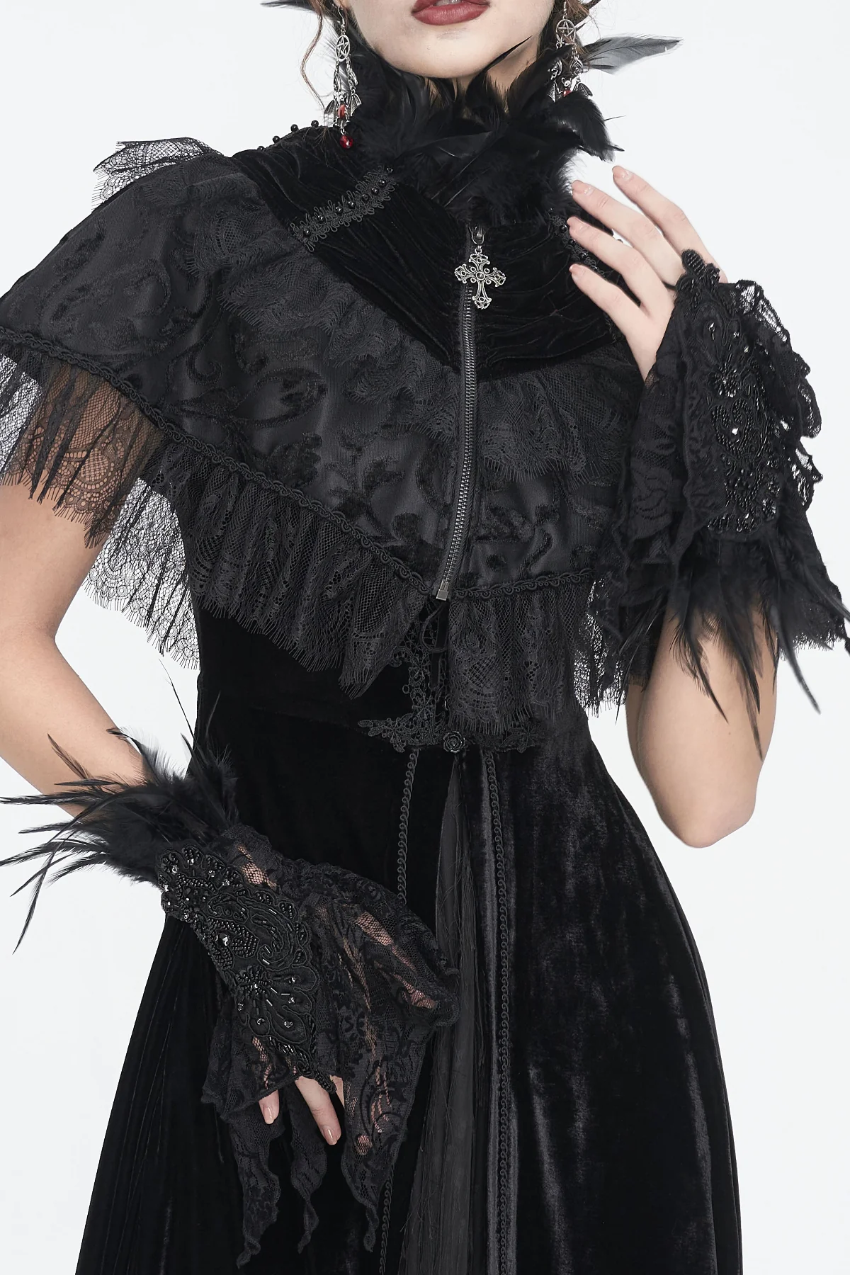 Nyx - Feather Lace Gothic Wrist Cuffs - Image 3