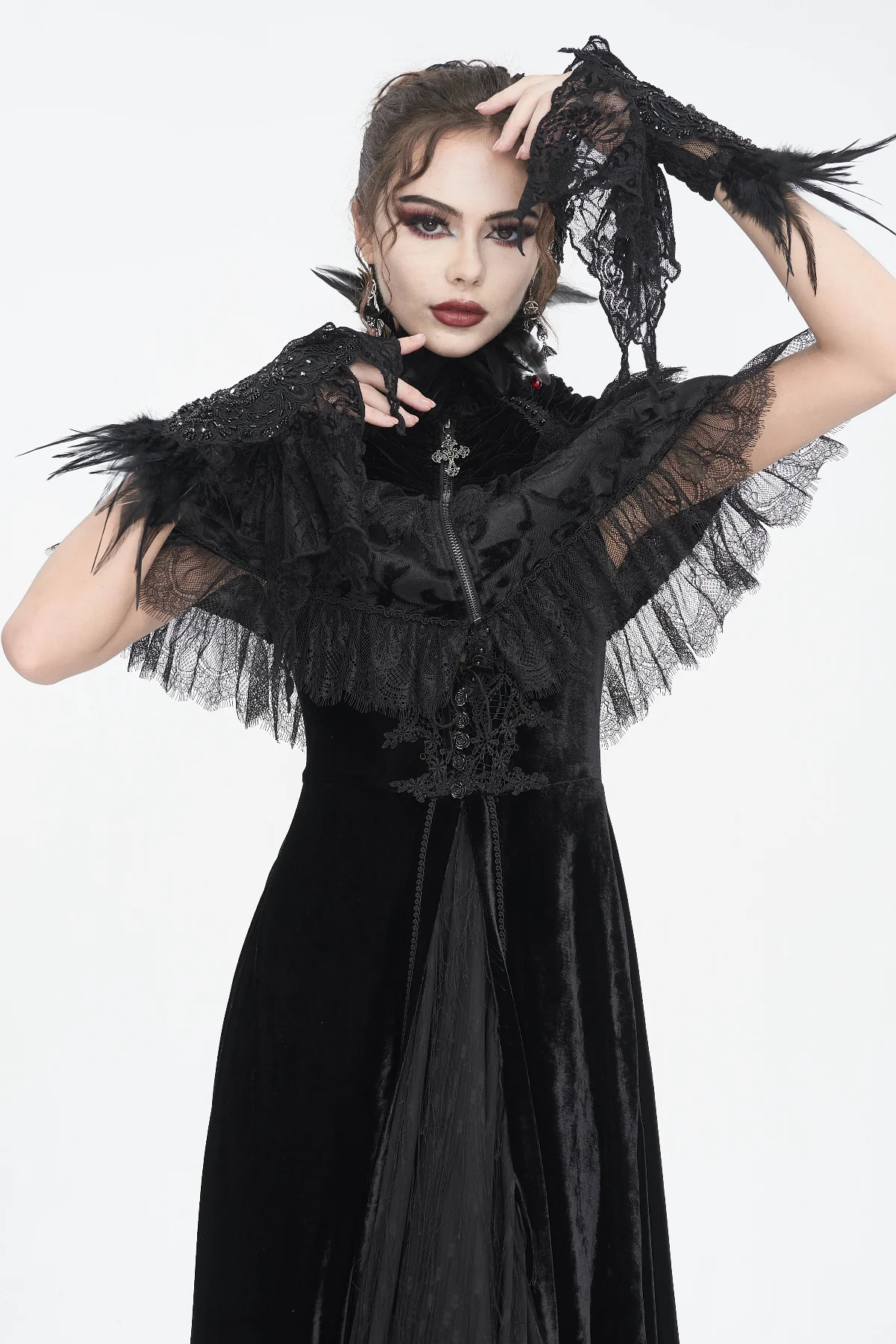 Nyx - Feather Lace Gothic Wrist Cuffs - Image 4