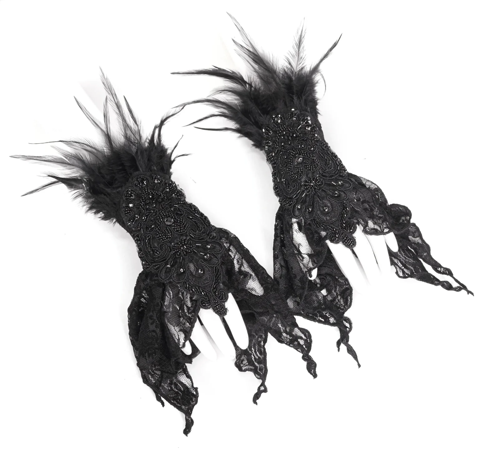 Nyx - Feather Lace Gothic Wrist Cuffs - Image 5