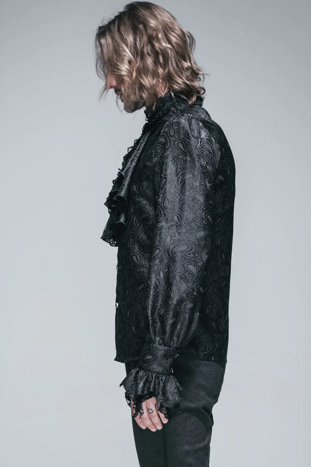 Lucien – Men’s Black Victorian Ruffle Shirt - Image 3
