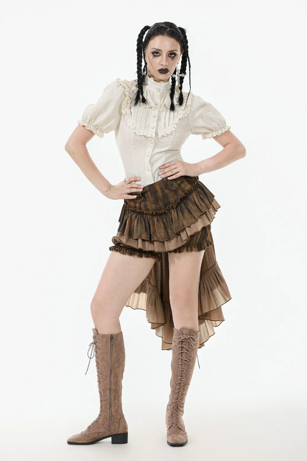 Miss Harlow’s Ruffle Blouse – Vintage Cream Puff Sleeve Steampunk Top - Image 3