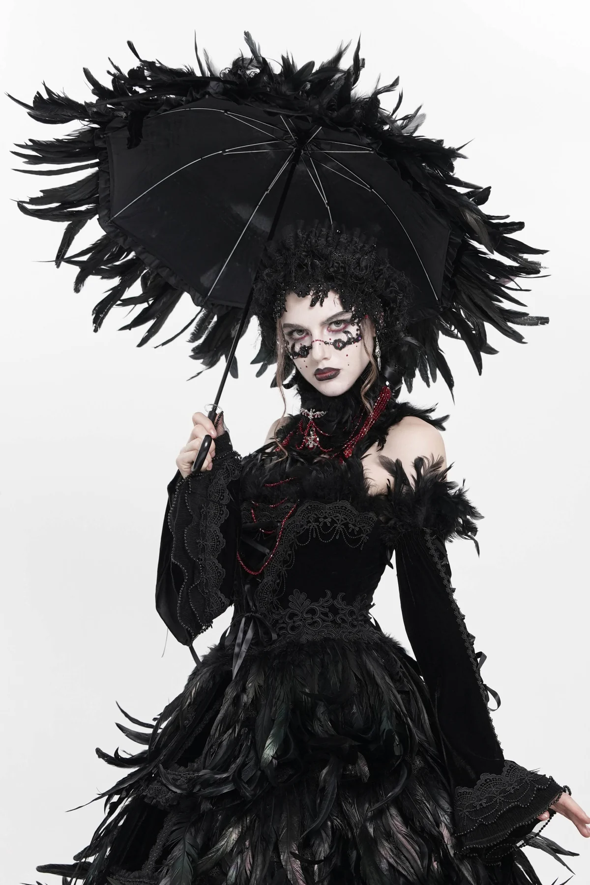 Shadow Crown – Black Feather Gothic Parasol - Image 4