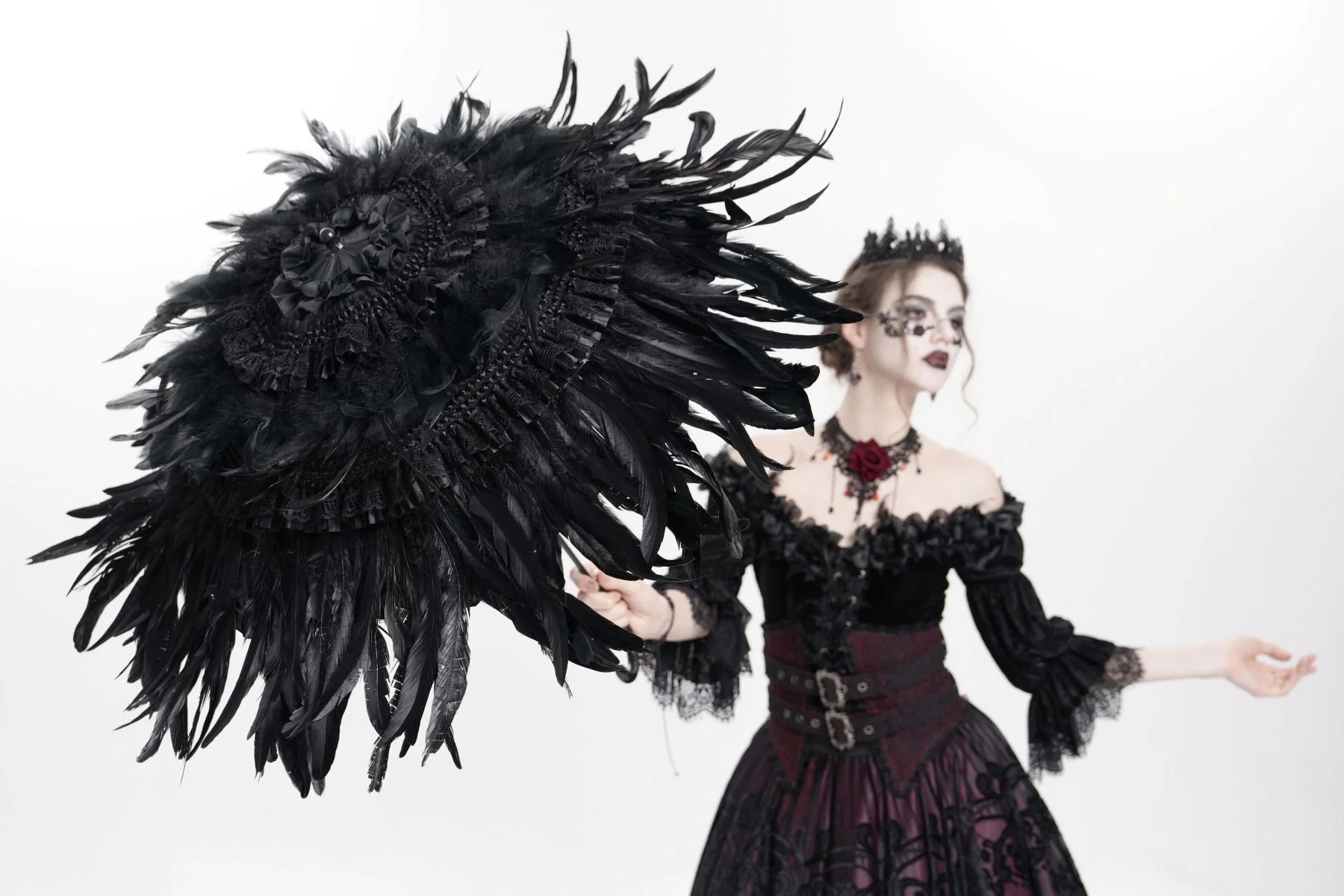 Shadow Crown – Black Feather Gothic Parasol - Image 5
