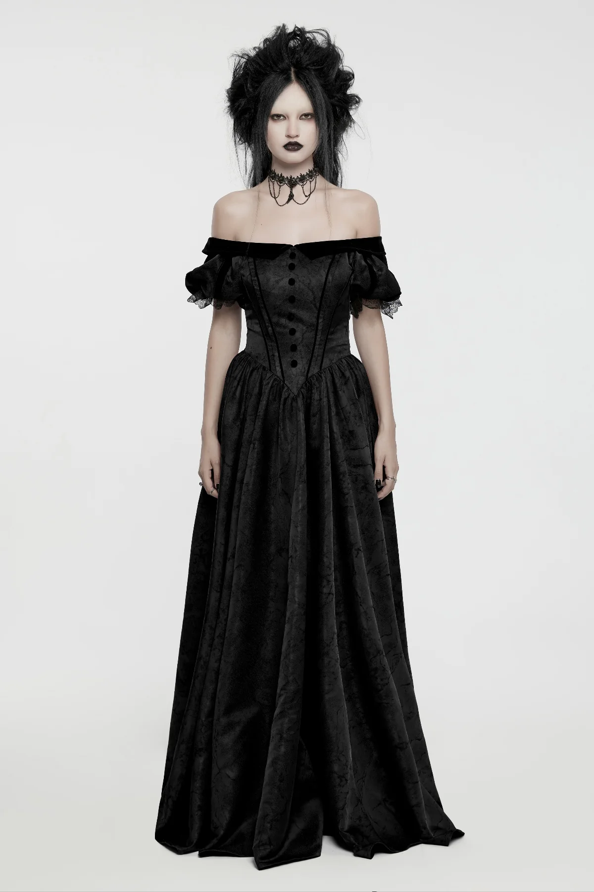 Off-Shoulder Victorian Mourning Gown - Black