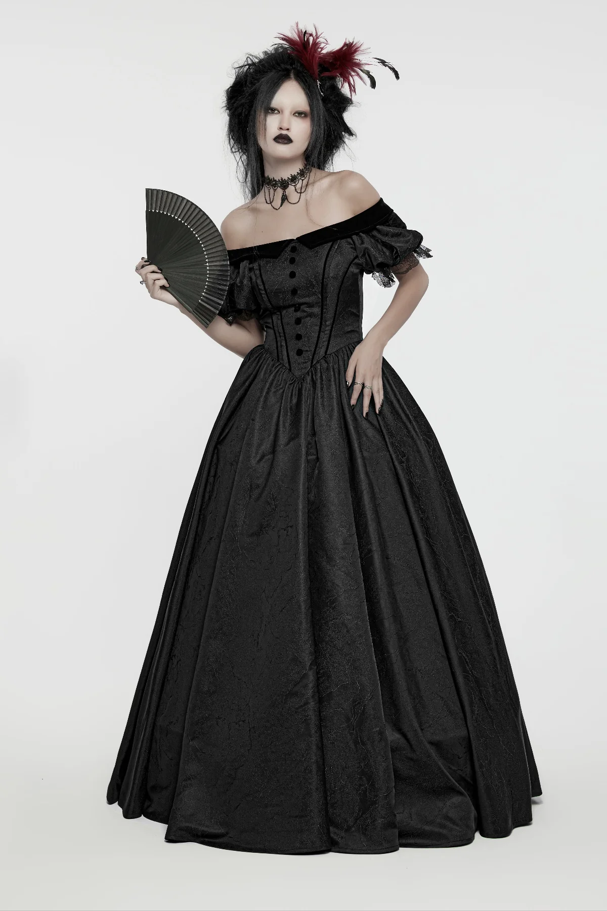 Off-Shoulder Victorian Mourning Gown - Black - Image 2