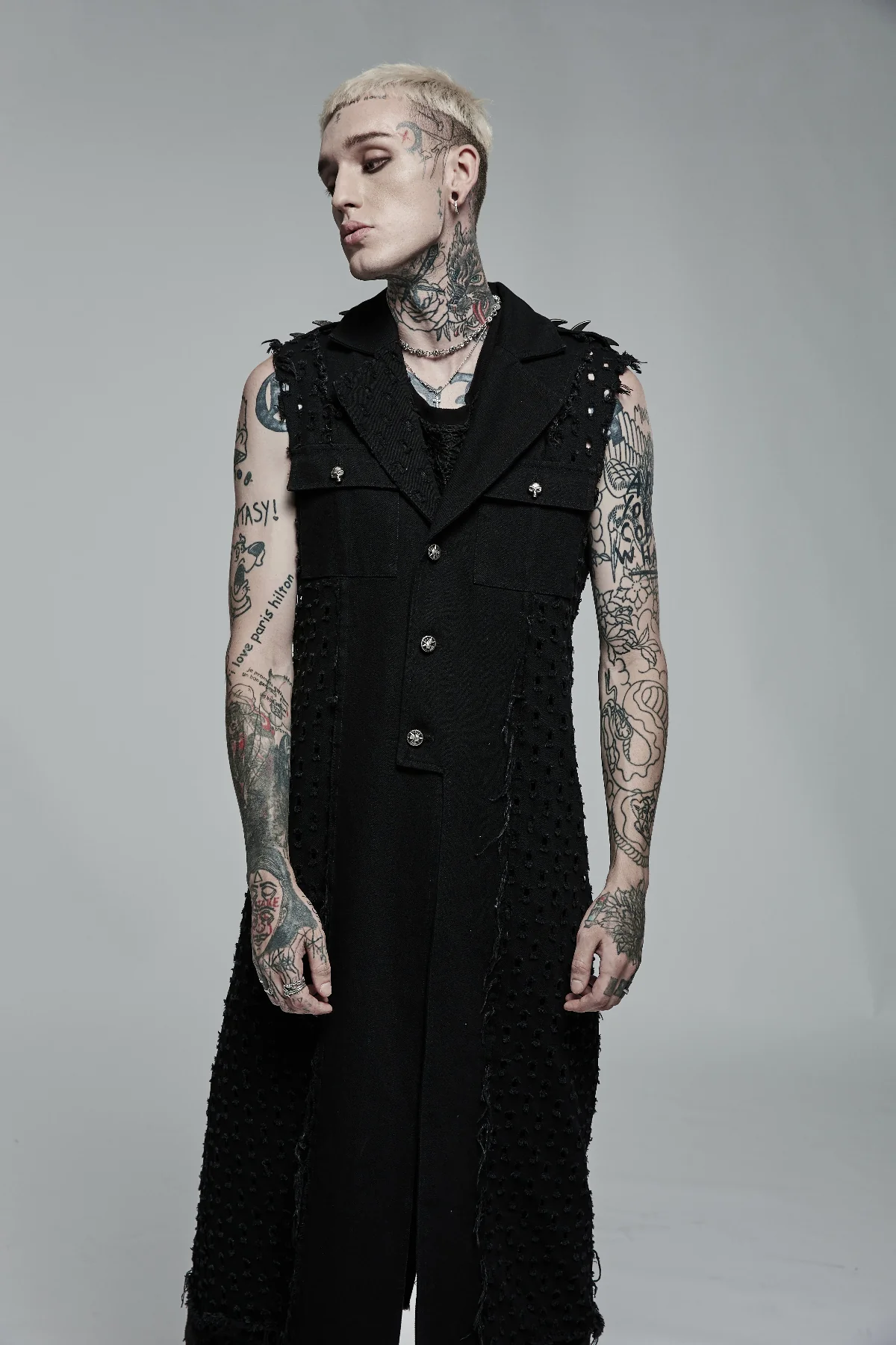.Black Studded Sleeveless Longline Vest - Image 5
